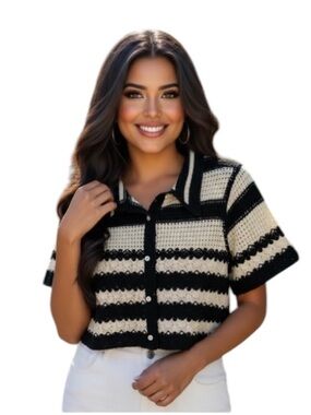 PEACH Soft Crochet Elegant Collared Short Sleeve Top Off White & Black NWT Sz Lg